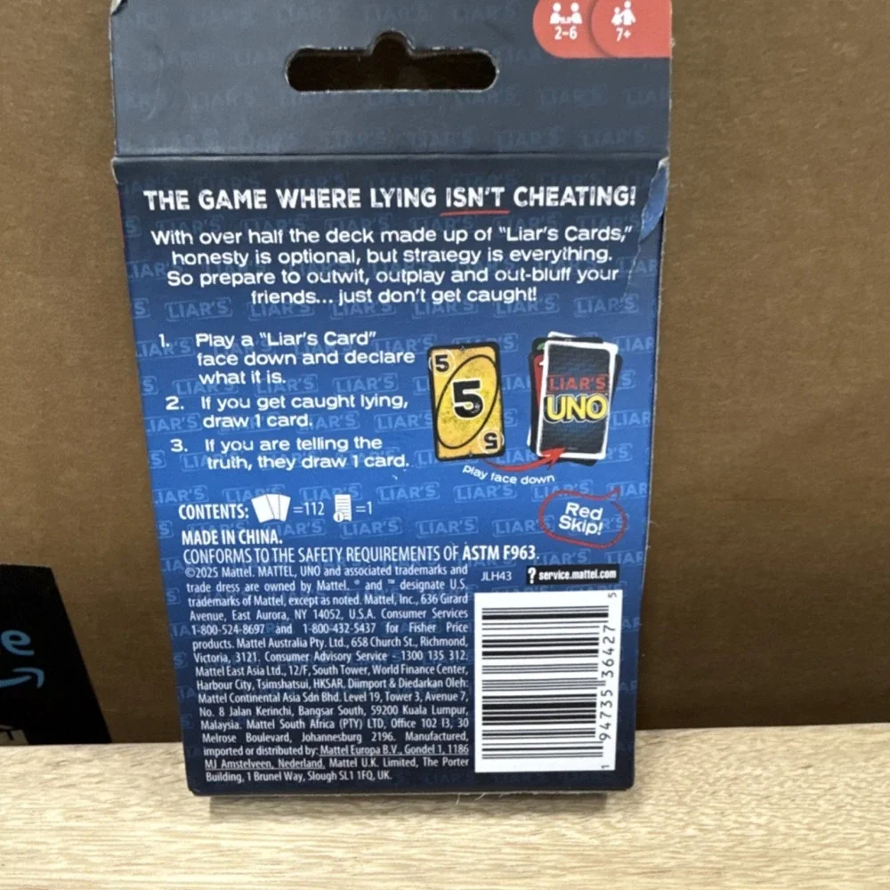 Mattel Liar's UNO Truth Is Optional Strategy Card Game 2-6 Players Ages 8+